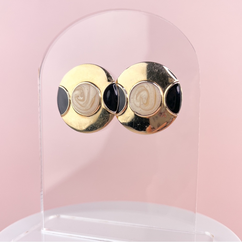 Vintage 80s Metal Circle Gold Black Bold Statement Stud Earrings